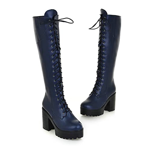 HFWXYSA Damen Knie High Platform Stiefel Goth Punk Block Heel High Leder Schnürung Up Combat Booties, Side Zip-Up Mid-Calf Stiefel,Blau,42 EU von HFWXYSA