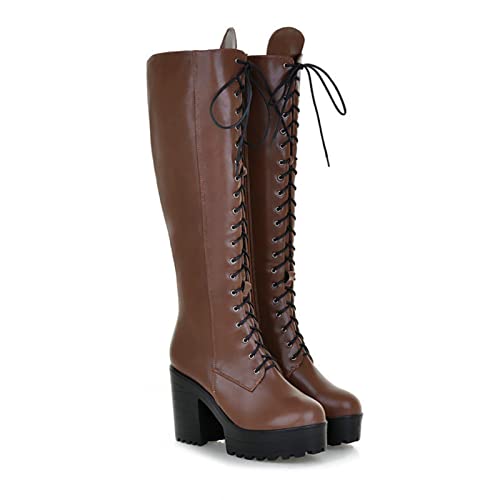 HFWXYSA Damen Knie High Platform Stiefel Goth Punk Block Heel High Leder Schnürung Up Combat Booties, Side Zip-Up Mid-Calf Stiefel,Braun,38 EU von HFWXYSA