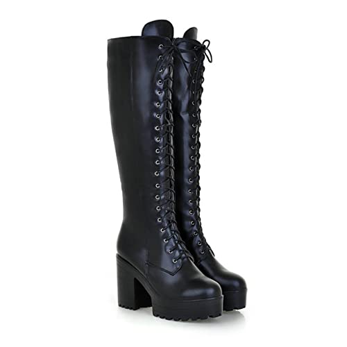 HFWXYSA Damen Knie High Platform Stiefel Goth Punk Block Heel High Leder Schnürung Up Combat Booties, Side Zip-Up Mid-Calf Stiefel,Schwarz,35 EU von HFWXYSA