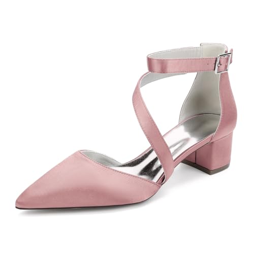 HFWXYSA Damen Knöchelriemen Hochzeitssandalen Blockabsatz Satin Spitze Zehen Brautschuhe Brautjungfernschuhe,Rosa,38 EU von HFWXYSA