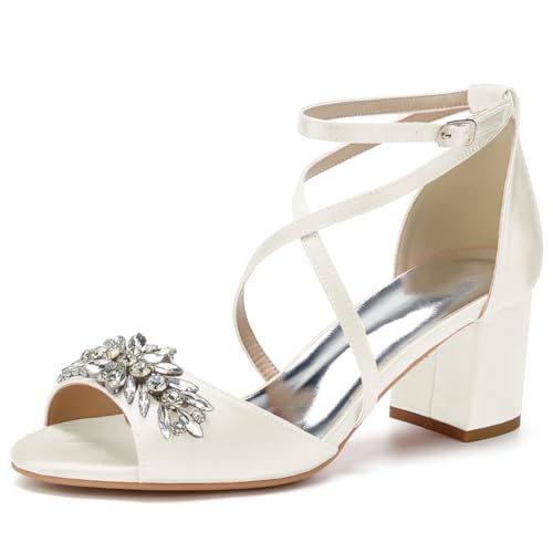 HFWXYSA Damen Knöchelriemen Hochzeitsschuhe Pumps Mit Blockabsatz Peep Toe Satin Strass Brautjungfer Brautschuhe,Elfenbein,41 EU von HFWXYSA