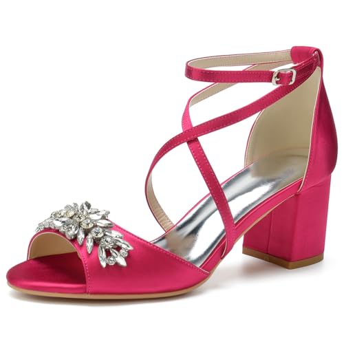 HFWXYSA Damen Knöchelriemen Hochzeitsschuhe Pumps Mit Blockabsatz Peep Toe Satin Strass Brautjungfer Brautschuhe,Fuchsia,42 EU von HFWXYSA