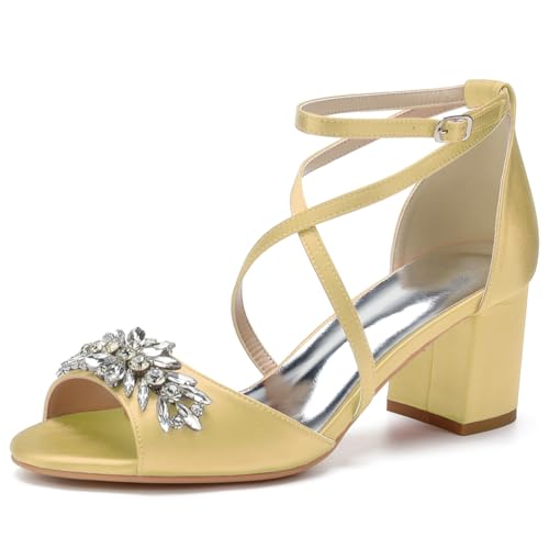 HFWXYSA Damen Knöchelriemen Hochzeitsschuhe Pumps Mit Blockabsatz Peep Toe Satin Strass Brautjungfer Brautschuhe,Gold,36 EU von HFWXYSA
