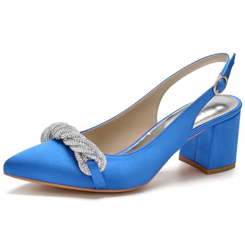 HFWXYSA Damen Knöchelriemen Sandalen Pumps Blockabsatz Brautschuhe Spitze Zehen Satin Slingback Hochzeitsschuhe mit Strass,Blau,42 EU von HFWXYSA