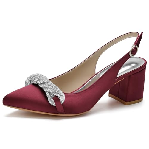 HFWXYSA Damen Knöchelriemen Sandalen Pumps Blockabsatz Brautschuhe Spitze Zehen Satin Slingback Hochzeitsschuhe mit Strass,Burgundy,37 EU von HFWXYSA