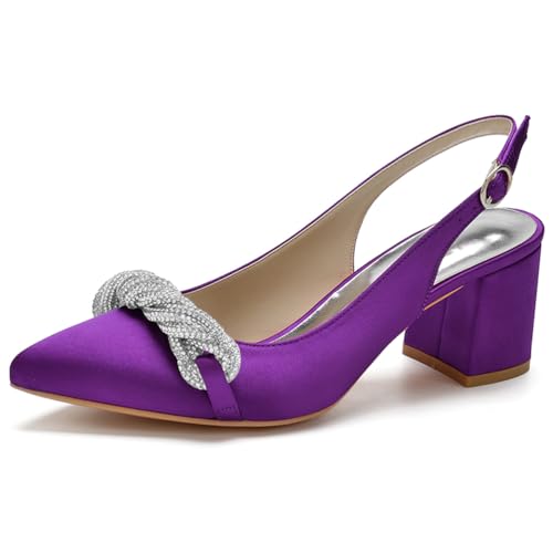 HFWXYSA Damen Knöchelriemen Sandalen Pumps Blockabsatz Brautschuhe Spitze Zehen Satin Slingback Hochzeitsschuhe mit Strass,Dark Purple,41 EU von HFWXYSA