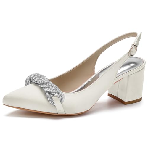 HFWXYSA Damen Knöchelriemen Sandalen Pumps Blockabsatz Brautschuhe Spitze Zehen Satin Slingback Hochzeitsschuhe mit Strass,Elfenbein,35 EU von HFWXYSA