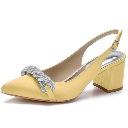 HFWXYSA Damen Knöchelriemen Sandalen Pumps Blockabsatz Brautschuhe Spitze Zehen Satin Slingback Hochzeitsschuhe mit Strass,Gold,43 EU von HFWXYSA