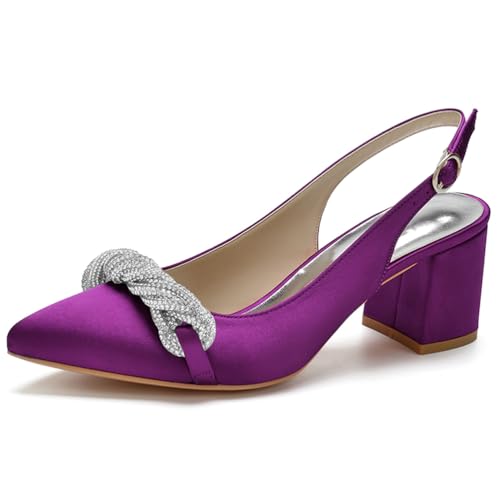HFWXYSA Damen Knöchelriemen Sandalen Pumps Blockabsatz Brautschuhe Spitze Zehen Satin Slingback Hochzeitsschuhe mit Strass,Lila,37 EU von HFWXYSA