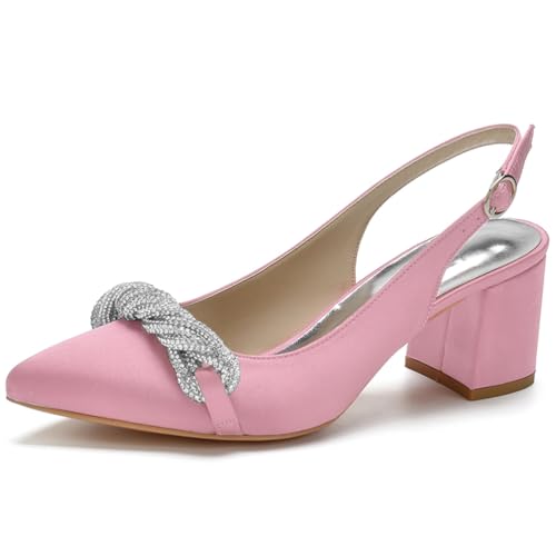 HFWXYSA Damen Knöchelriemen Sandalen Pumps Blockabsatz Brautschuhe Spitze Zehen Satin Slingback Hochzeitsschuhe mit Strass,Rosa,42 EU von HFWXYSA