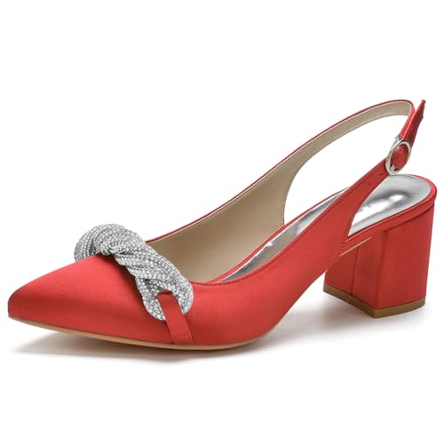 HFWXYSA Damen Knöchelriemen Sandalen Pumps Blockabsatz Brautschuhe Spitze Zehen Satin Slingback Hochzeitsschuhe mit Strass,Rot,39 EU von HFWXYSA