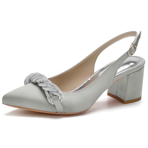 HFWXYSA Damen Knöchelriemen Sandalen Pumps Blockabsatz Brautschuhe Spitze Zehen Satin Slingback Hochzeitsschuhe mit Strass,Silber,38 EU von HFWXYSA
