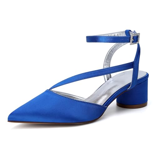 HFWXYSA Damen Mittlerem Chunky Blockabsatz Absatz Heel Geschlossene Spitze Zehenkappe Slingback Knöchelriemen Sandalen Party Dress Schuhe 4.5 cm Heels,Blau,43 EU von HFWXYSA