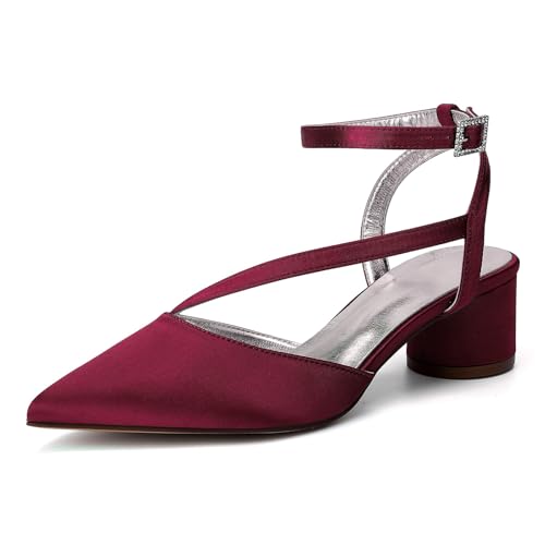 HFWXYSA Damen Mittlerem Chunky Blockabsatz Absatz Heel Geschlossene Spitze Zehenkappe Slingback Knöchelriemen Sandalen Party Dress Schuhe 4.5 cm Heels,Burgundy,36 EU von HFWXYSA