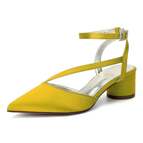 HFWXYSA Damen Mittlerem Chunky Blockabsatz Absatz Heel Geschlossene Spitze Zehenkappe Slingback Knöchelriemen Sandalen Party Dress Schuhe 4.5 cm Heels,Gelb,40 EU von HFWXYSA