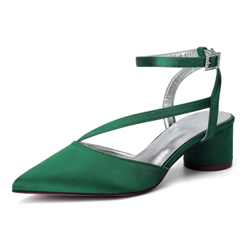 HFWXYSA Damen Mittlerem Chunky Blockabsatz Absatz Heel Geschlossene Spitze Zehenkappe Slingback Knöchelriemen Sandalen Party Dress Schuhe 4.5 cm Heels,Grün,42 EU von HFWXYSA