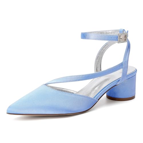 HFWXYSA Damen Mittlerem Chunky Blockabsatz Absatz Heel Geschlossene Spitze Zehenkappe Slingback Knöchelriemen Sandalen Party Dress Schuhe 4.5 cm Heels,Light Blue,38 EU von HFWXYSA