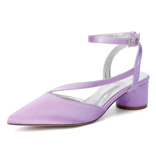 HFWXYSA Damen Mittlerem Chunky Blockabsatz Absatz Heel Geschlossene Spitze Zehenkappe Slingback Knöchelriemen Sandalen Party Dress Schuhe 4.5 cm Heels,Light Purple,38 EU von HFWXYSA