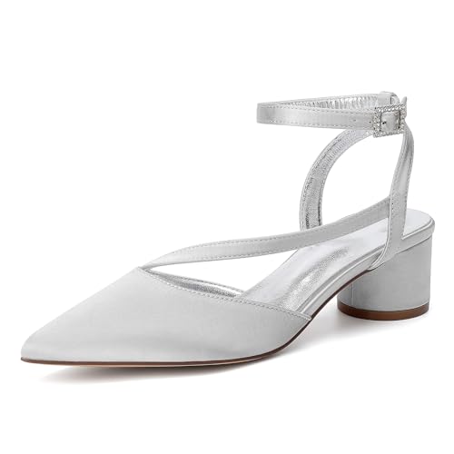 HFWXYSA Damen Mittlerem Chunky Blockabsatz Absatz Heel Geschlossene Spitze Zehenkappe Slingback Knöchelriemen Sandalen Party Dress Schuhe 4.5 cm Heels,Silber,40 EU von HFWXYSA