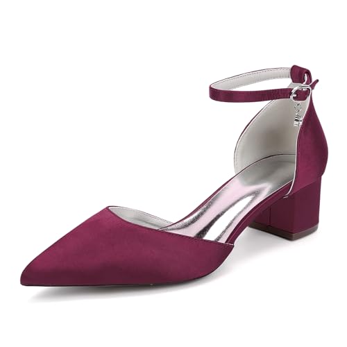 HFWXYSA Damen Niedriger Blockabsatz 4.5cm Satin Brautschuhe Spitz Zehen Knöchel Riemchenpumps Party Hochzeit Abendschuhe,Burgundy,42 EU von HFWXYSA