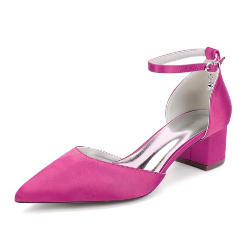 HFWXYSA Damen Niedriger Blockabsatz 4.5cm Satin Brautschuhe Spitz Zehen Knöchel Riemchenpumps Party Hochzeit Abendschuhe,Fuchsia,40 EU von HFWXYSA