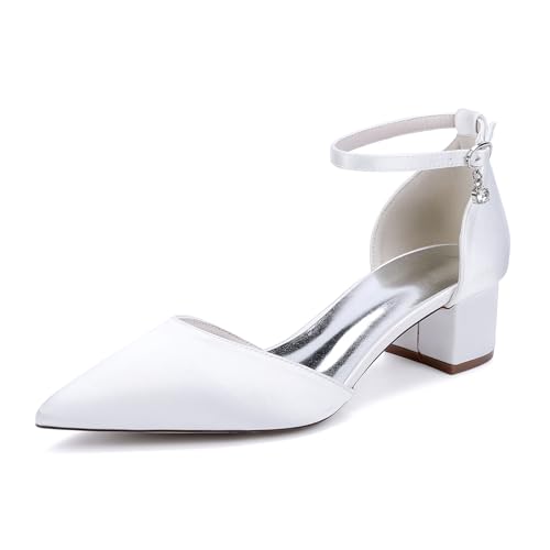 HFWXYSA Damen Niedriger Blockabsatz 4.5cm Satin Brautschuhe Spitz Zehen Knöchel Riemchenpumps Party Hochzeit Abendschuhe,Weiß,38 EU von HFWXYSA