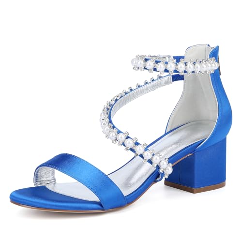 HFWXYSA Damen Offene Zehe Perle Satin Hochzeit Sandalen Low Block Chunky Heel Brautschuhe Knöchelriemen Rücken Reißverschluss Abschlussball Pumpschuhe,Blau,42 EU von HFWXYSA