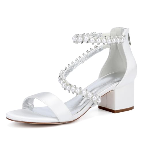 HFWXYSA Damen Offene Zehe Perle Satin Hochzeit Sandalen Low Block Chunky Heel Brautschuhe Knöchelriemen Rücken Reißverschluss Abschlussball Pumpschuhe,Elfenbein,42 EU von HFWXYSA