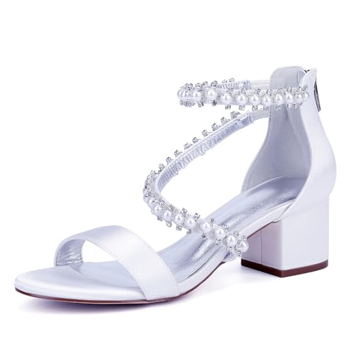HFWXYSA Damen Offene Zehe Perle Satin Hochzeit Sandalen Low Block Chunky Heel Brautschuhe Knöchelriemen Rücken Reißverschluss Abschlussball Pumpschuhe,Weiß,39 EU von HFWXYSA