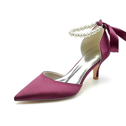 HFWXYSA Damen Perlweiß Hochzeitsschuhe für Braut Niedriger Absatz Bequeme Spitze Zehen Brautschuhe Satin Abschlussball Party Kleid Pumps Sandalen,Burgundy,37 EU von HFWXYSA