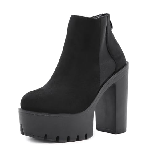 HFWXYSA Damen Plattform Mode-Stiefel Knöchelhoch Chelsea Boots Blockabsatz 12CM High Heels mit Blockabsatz Zipper,Schwarz,38 EU von HFWXYSA