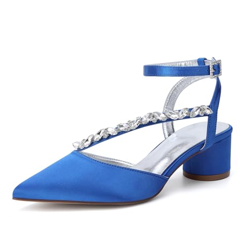 HFWXYSA Damen Pumps Spitze Zehe Strass Knöchelriemen Chunky Block Heel Slingback Cloesd Toe Hochzeit Party Kleid Schuhe,Blau,43 EU von HFWXYSA