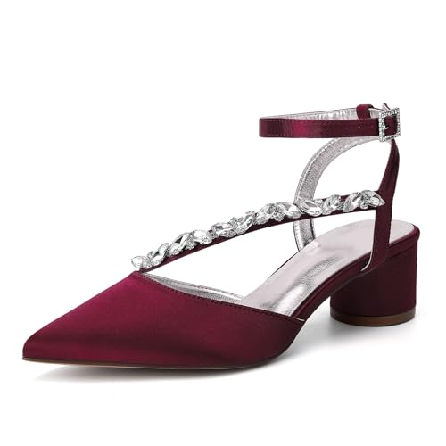HFWXYSA Damen Pumps Spitze Zehe Strass Knöchelriemen Chunky Block Heel Slingback Cloesd Toe Hochzeit Party Kleid Schuhe,Burgundy,37 EU von HFWXYSA