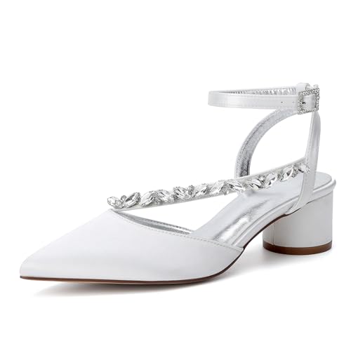 HFWXYSA Damen Pumps Spitze Zehe Strass Knöchelriemen Chunky Block Heel Slingback Cloesd Toe Hochzeit Party Kleid Schuhe,Elfenbein,40 EU von HFWXYSA