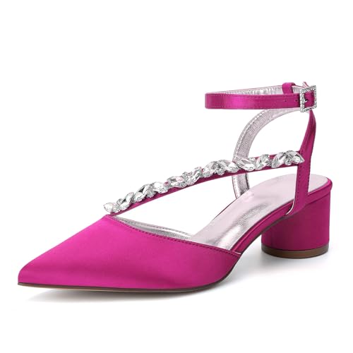 HFWXYSA Damen Pumps Spitze Zehe Strass Knöchelriemen Chunky Block Heel Slingback Cloesd Toe Hochzeit Party Kleid Schuhe,Fuchsia,38 EU von HFWXYSA