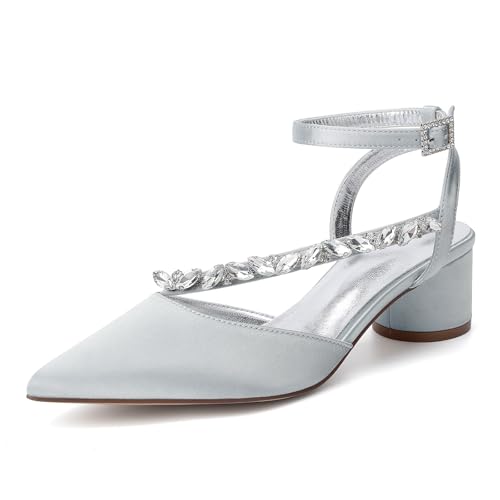 HFWXYSA Damen Pumps Spitze Zehe Strass Knöchelriemen Chunky Block Heel Slingback Cloesd Toe Hochzeit Party Kleid Schuhe,Silber,41 EU von HFWXYSA