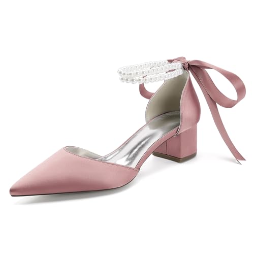 HFWXYSA Damen Riemchen Blockabsatz Pumps Geschlossene Zehe Satin Perle Knöchelriemen Hochzeit Brautschuhe,Rosa,43 EU von HFWXYSA