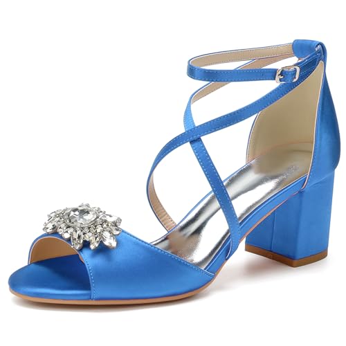 HFWXYSA Damen Sandale mit Absatz Blockabsatz Brautschuhe Knöchelriemen Peeptoe Hochzeitsschuhe mit Strass,Blau,40 EU von HFWXYSA