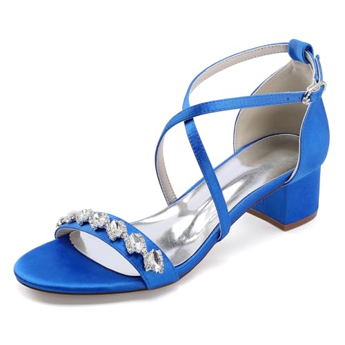HFWXYSA Damen Sandale mit Absatz Blockabsatz Brautschuhe Knöchelriemen Peeptoe Hochzeitsschuhe mit Strass,Blau,42 EU von HFWXYSA