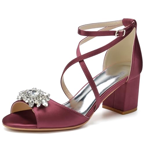 HFWXYSA Damen Sandale mit Absatz Blockabsatz Brautschuhe Knöchelriemen Peeptoe Hochzeitsschuhe mit Strass,Burgundy,38 EU von HFWXYSA
