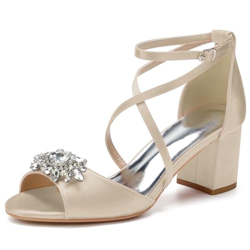 HFWXYSA Damen Sandale mit Absatz Blockabsatz Brautschuhe Knöchelriemen Peeptoe Hochzeitsschuhe mit Strass,Champagne,40 EU von HFWXYSA