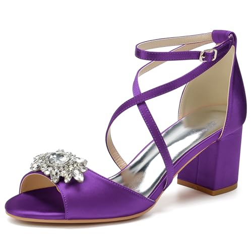 HFWXYSA Damen Sandale mit Absatz Blockabsatz Brautschuhe Knöchelriemen Peeptoe Hochzeitsschuhe mit Strass,Dark Purple,41 EU von HFWXYSA