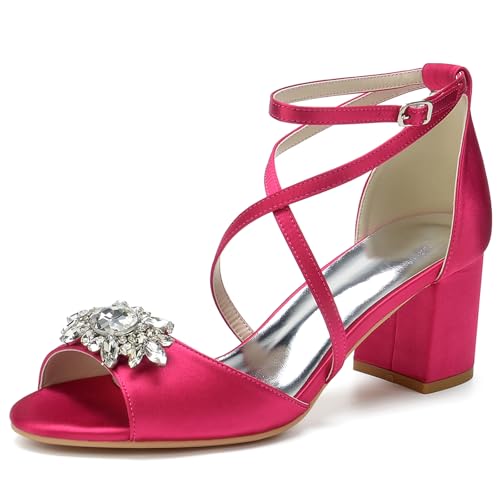 HFWXYSA Damen Sandale mit Absatz Blockabsatz Brautschuhe Knöchelriemen Peeptoe Hochzeitsschuhe mit Strass,Fuchsia,38 EU von HFWXYSA