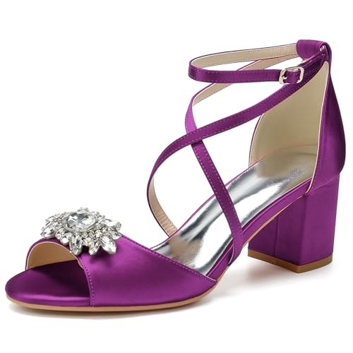 HFWXYSA Damen Sandale mit Absatz Blockabsatz Brautschuhe Knöchelriemen Peeptoe Hochzeitsschuhe mit Strass,Lila,37 EU von HFWXYSA