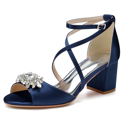HFWXYSA Damen Sandale mit Absatz Blockabsatz Brautschuhe Knöchelriemen Peeptoe Hochzeitsschuhe mit Strass,Marine,39 EU von HFWXYSA