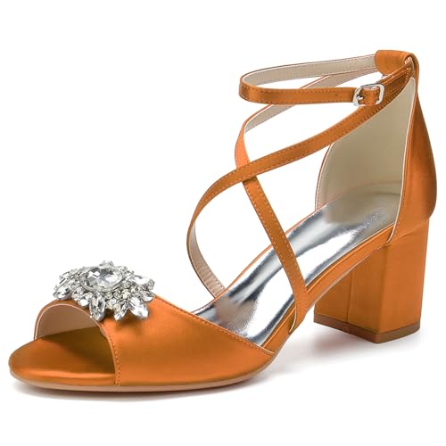 HFWXYSA Damen Sandale mit Absatz Blockabsatz Brautschuhe Knöchelriemen Peeptoe Hochzeitsschuhe mit Strass,Orange,38 EU von HFWXYSA
