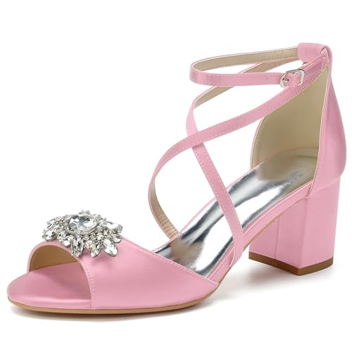 HFWXYSA Damen Sandale mit Absatz Blockabsatz Brautschuhe Knöchelriemen Peeptoe Hochzeitsschuhe mit Strass,Rosa,40 EU von HFWXYSA