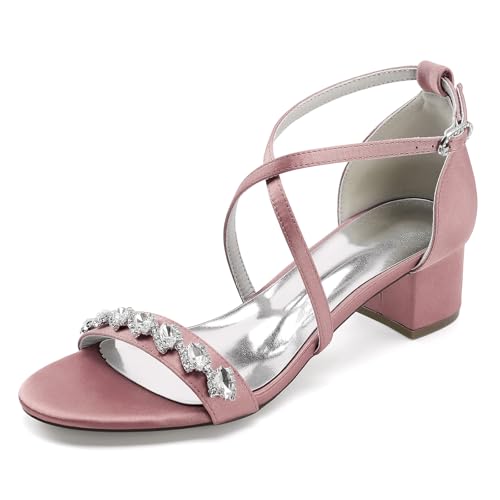 HFWXYSA Damen Sandale mit Absatz Blockabsatz Brautschuhe Knöchelriemen Peeptoe Hochzeitsschuhe mit Strass,Rosa,42 EU von HFWXYSA