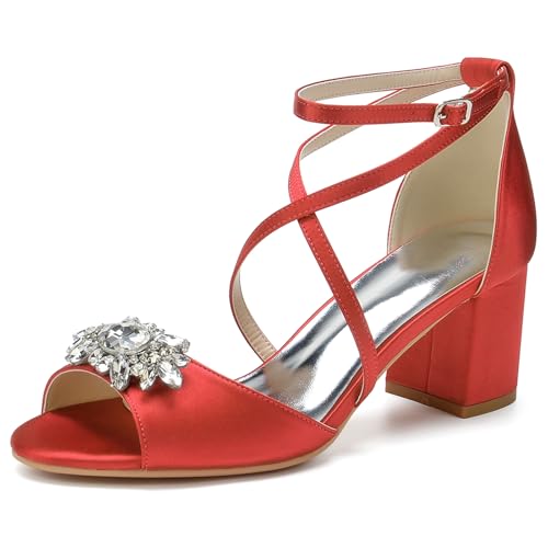 HFWXYSA Damen Sandale mit Absatz Blockabsatz Brautschuhe Knöchelriemen Peeptoe Hochzeitsschuhe mit Strass,Rot,40 EU von HFWXYSA