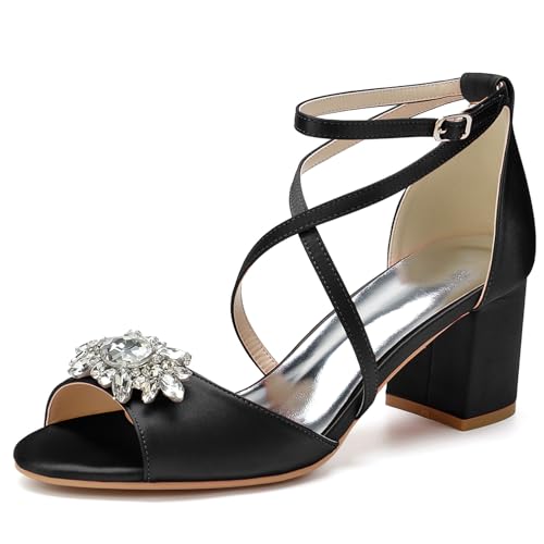 HFWXYSA Damen Sandale mit Absatz Blockabsatz Brautschuhe Knöchelriemen Peeptoe Hochzeitsschuhe mit Strass,Schwarz,41 EU von HFWXYSA